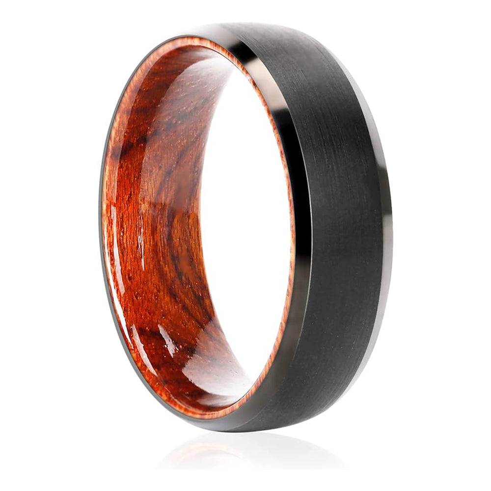 Rosewood Wood Inlaid Beveled Finish Black Tungsten Ring-Mens Tungsten Carbide Ring-The Great Arctic