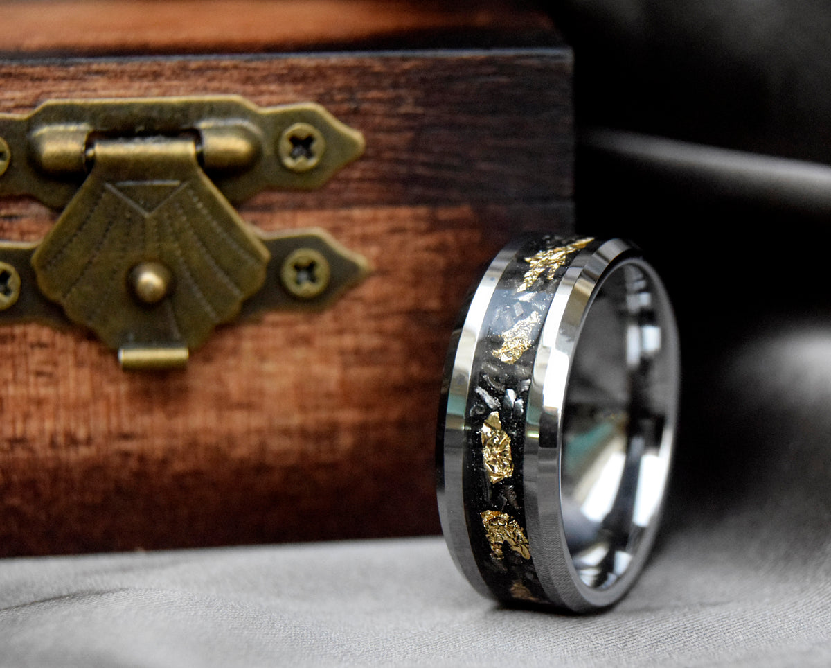 Sandstone Gold Leaf With Meteorite Silver Tungsten Ring-Mens Tungsten Carbide Ring-The Great Arctic