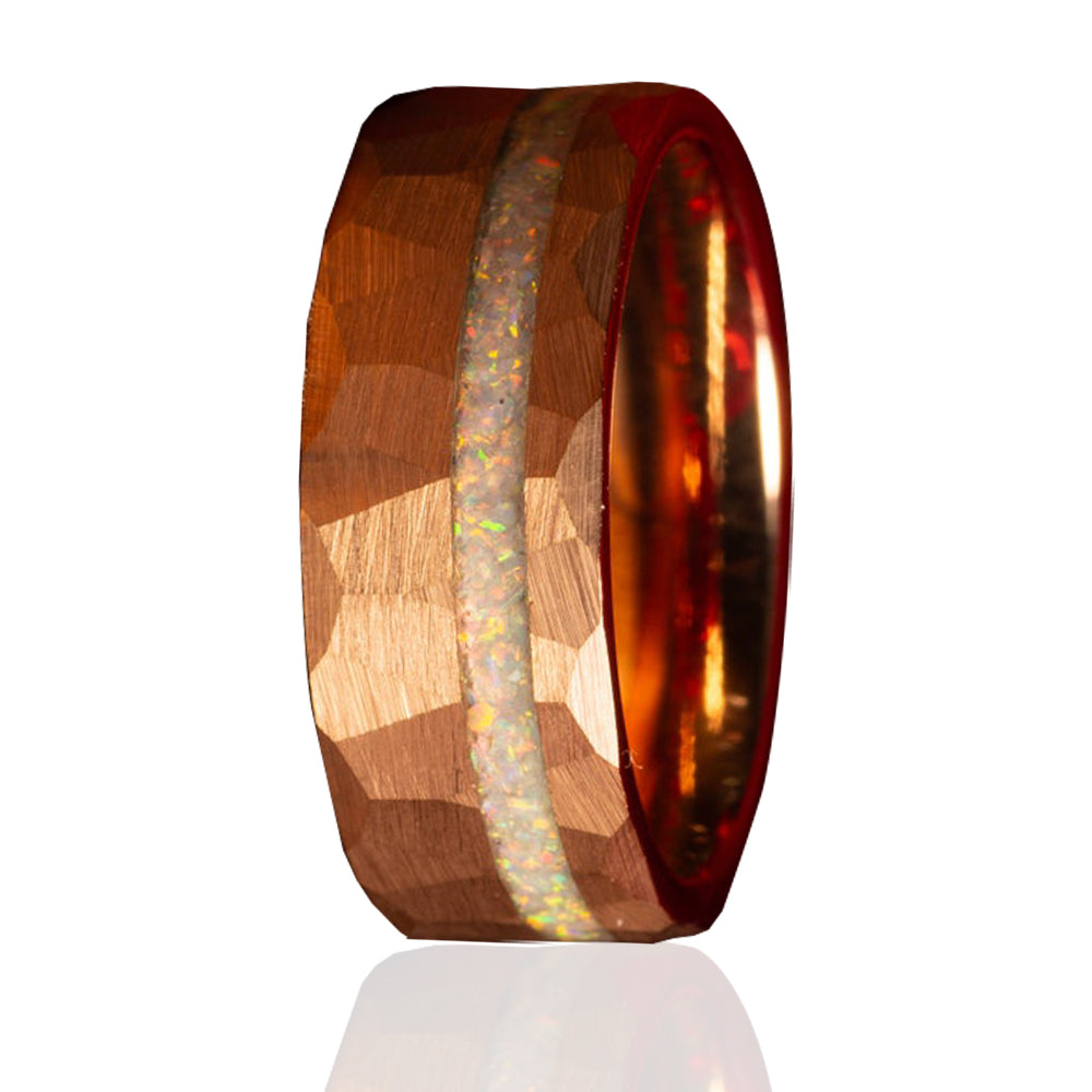TGA White Fire Opal Hammered Rose Gold Men's Promise Band-Mens Tungsten Carbide Ring-The Great Arctic