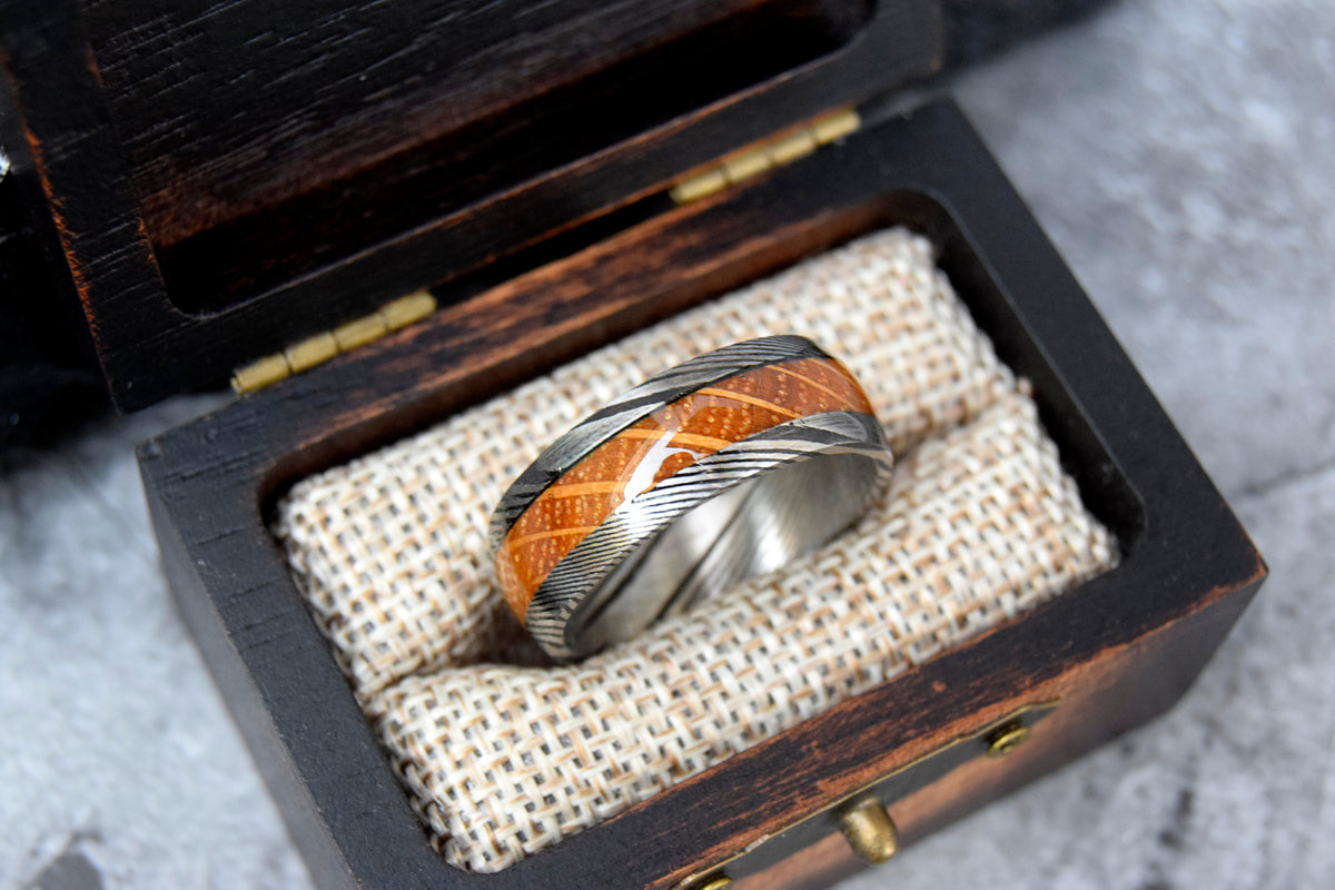 Whiskey Barrel Wood Inlay Damascus Steel Ring-Mens Damascus Steel Ring-The Great Arctic