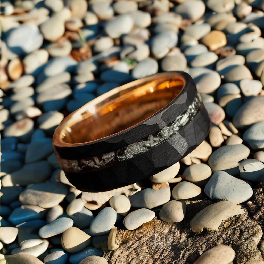 Black & Gold Hammered Meteorite Shaving Inlay Tungsten Ring-Mens Tungsten Carbide Ring-The Great Arctic