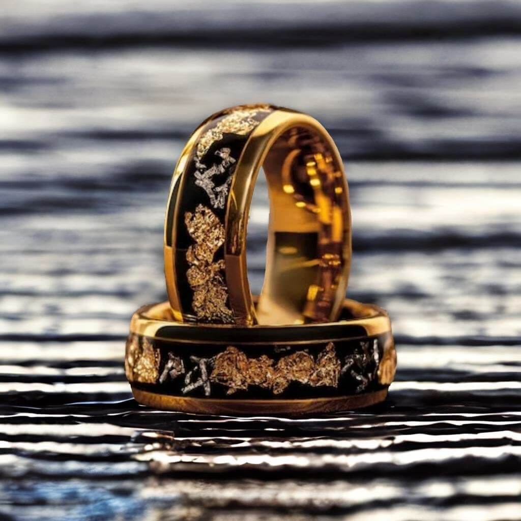 Crushed Meteorite & Gold Leaf flakes Golden Tungsten Ring-Mens Tungsten Carbide Ring-The Great Arctic