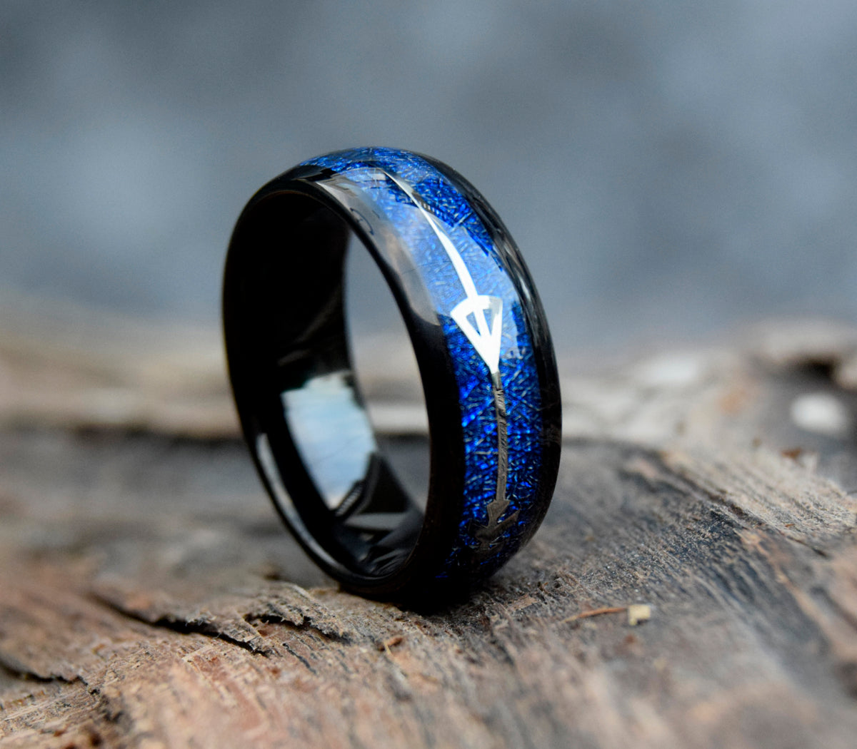 Blue Meteorite Arrow Inlay Tungsten Ring-Mens Tungsten Carbide Ring-The Great Arctic