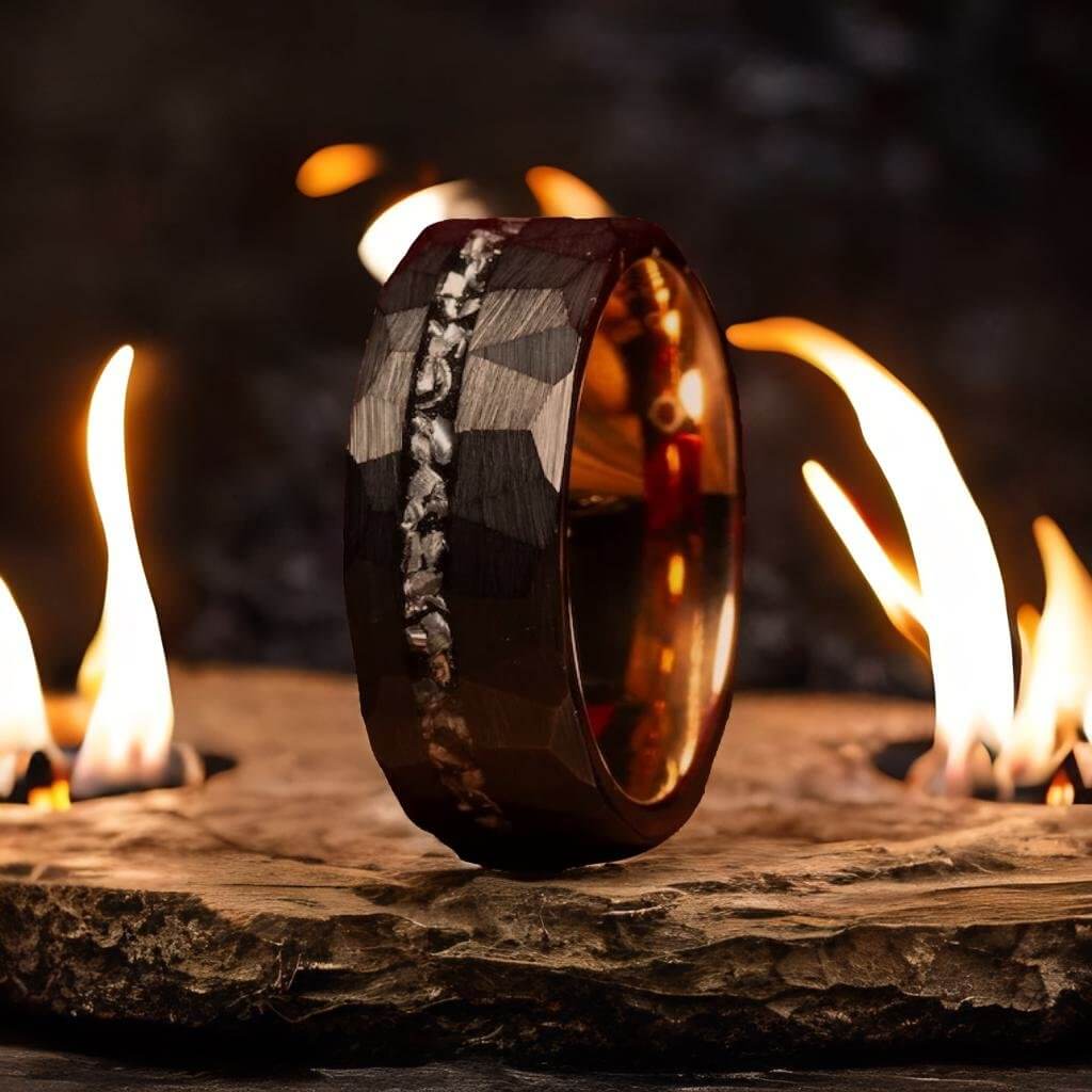 Black & Gold Hammered Meteorite Shaving Inlay Tungsten Ring-Mens Tungsten Carbide Ring-The Great Arctic