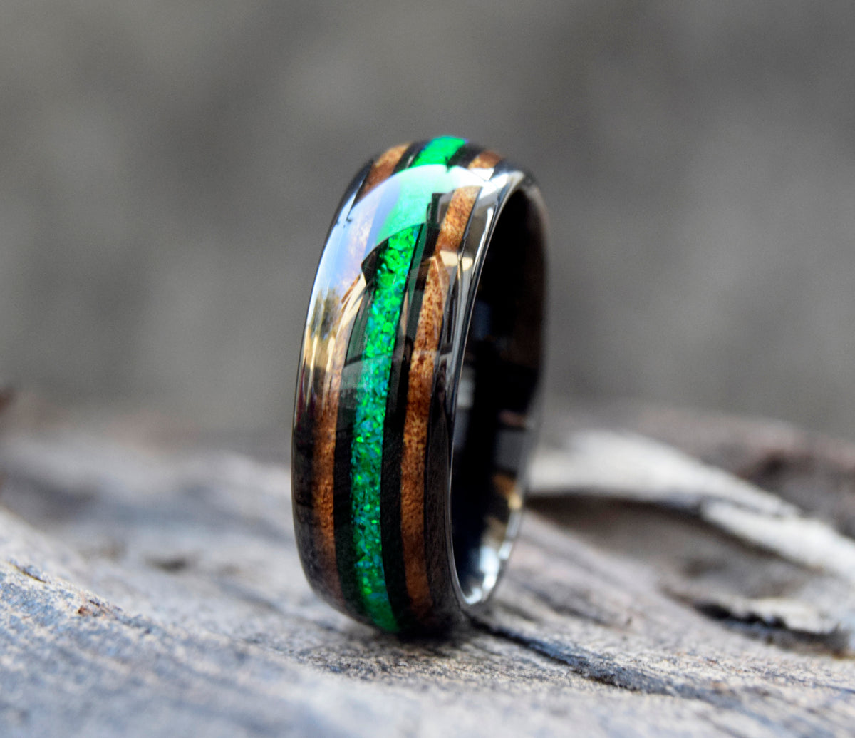 Koa Wood & Crushed Green Opal Tungsten Ring-Mens Tungsten Carbide Ring-The Great Arctic