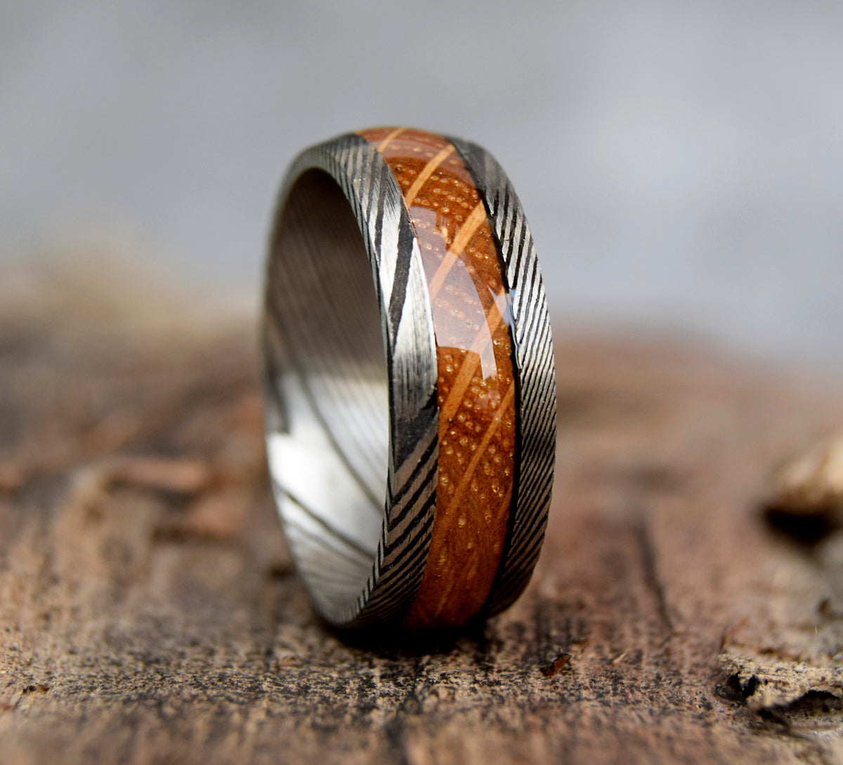 Whiskey Barrel Wood Inlay Damascus Steel Ring-Mens Damascus Steel Ring-The Great Arctic