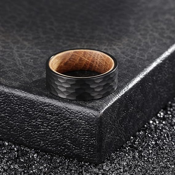 Whiskey Barrel Wood Inlaid Hammered Black Tungsten Ring-Mens Tungsten Carbide Ring-The Great Arctic