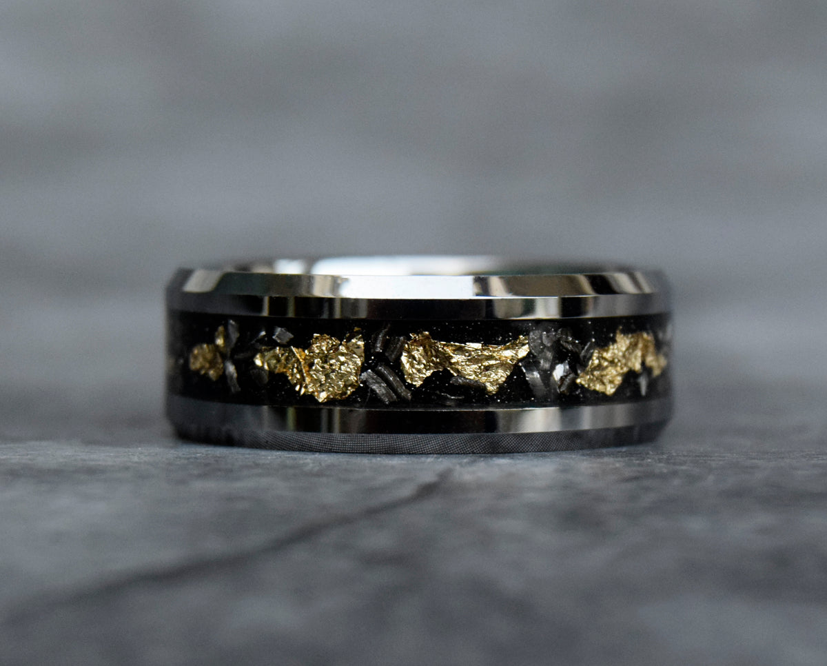 Sandstone Gold Leaf With Meteorite Silver Tungsten Ring-Mens Tungsten Carbide Ring-The Great Arctic