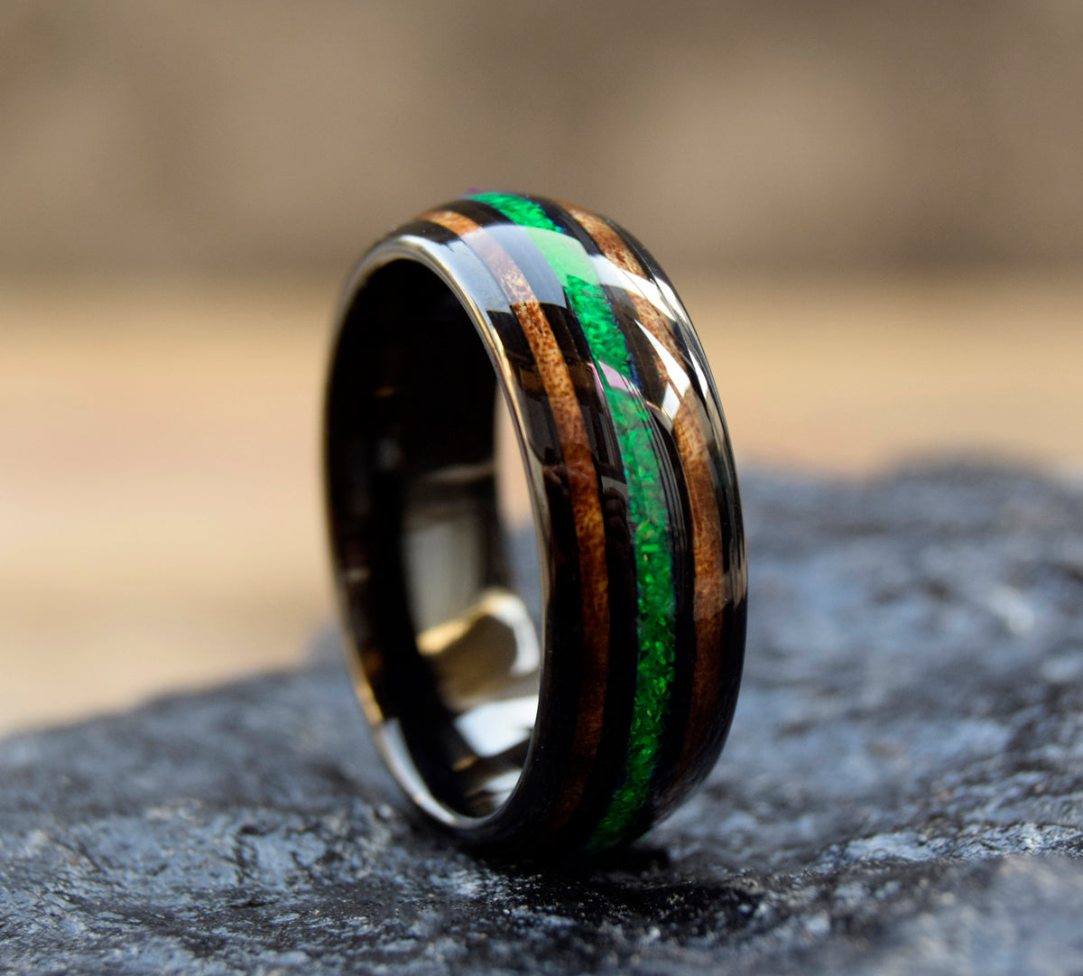 Koa Wood & Crushed Green Opal Tungsten Ring-Mens Tungsten Carbide Ring-The Great Arctic