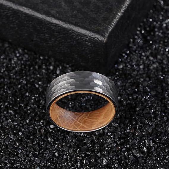 Whiskey Barrel Wood Inlaid Hammered Silver Tungsten Ring-Mens Tungsten Carbide Ring-The Great Arctic
