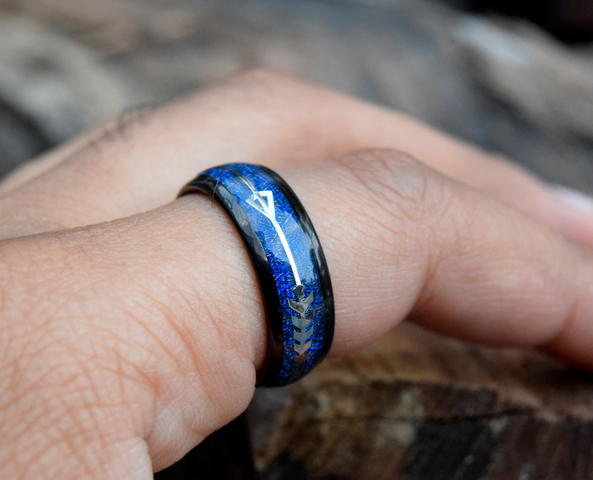 Blue Meteorite Arrow Inlay Tungsten Ring-Mens Tungsten Carbide Ring-The Great Arctic