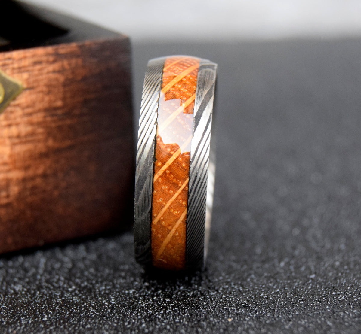 Whiskey Barrel Wood Inlay Damascus Steel Ring-Mens Damascus Steel Ring-The Great Arctic