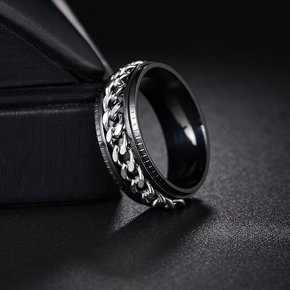 Titanium Steel With Fidget Chain Spinner Black Anxiety Ring-Mens Titanium Anxiety Rings-The Great Arctic