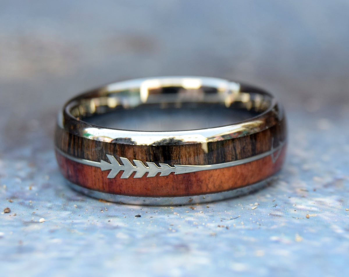 Koa Wood Arrow Inlay Tungsten Ring-Mens Tungsten Carbide Ring-The Great Arctic