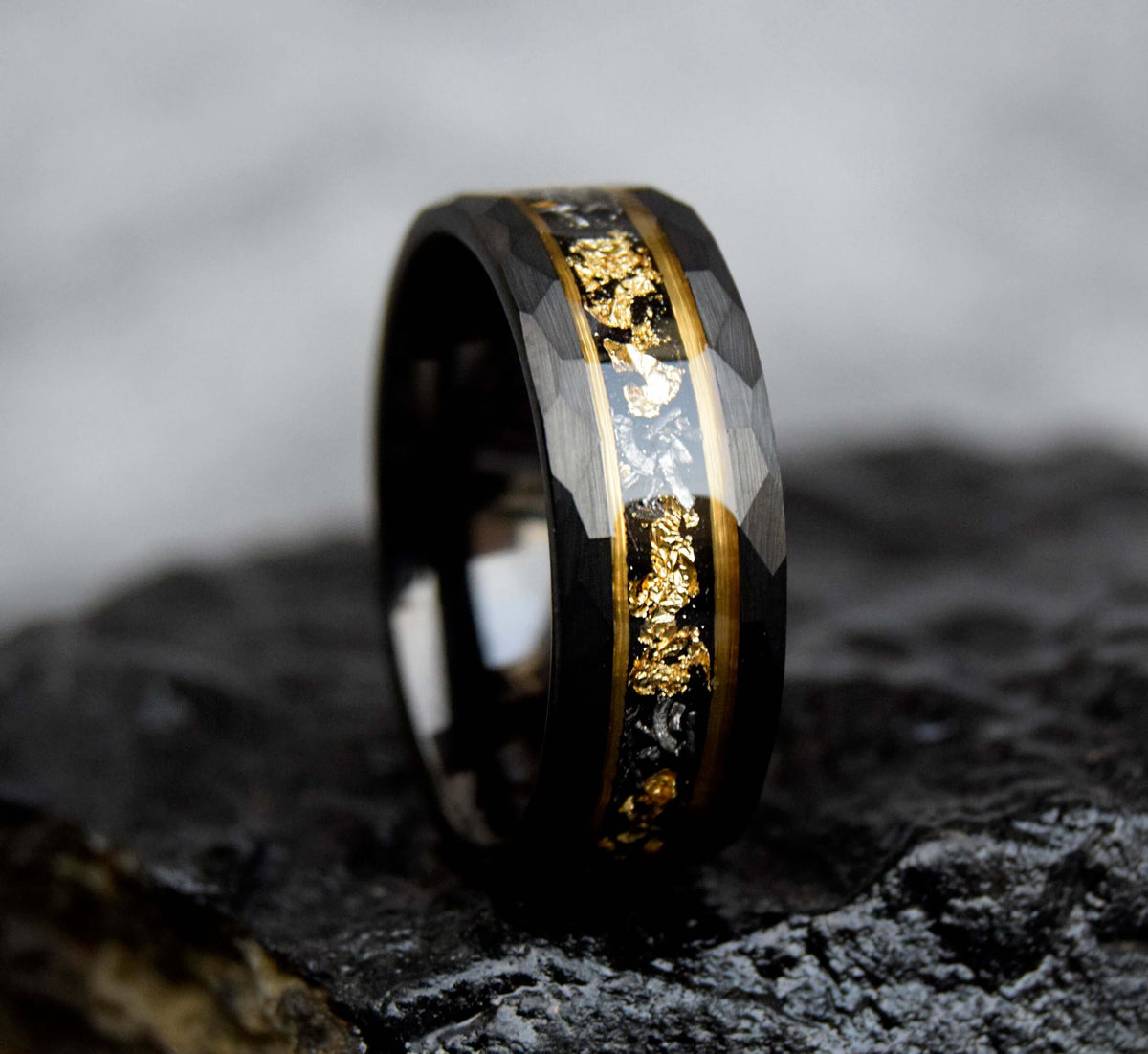 Crushed Meteorite & Gold Leaf flakes Tungsten Ring-Mens Tungsten Carbide Ring-The Great Arctic