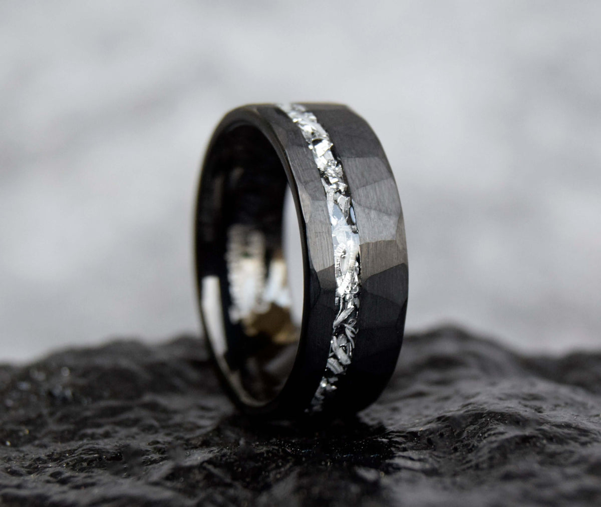 Black Hammered Finished Meteorite Shaving Inlay Tungsten Ring-Mens Tungsten Carbide Ring-The Great Arctic