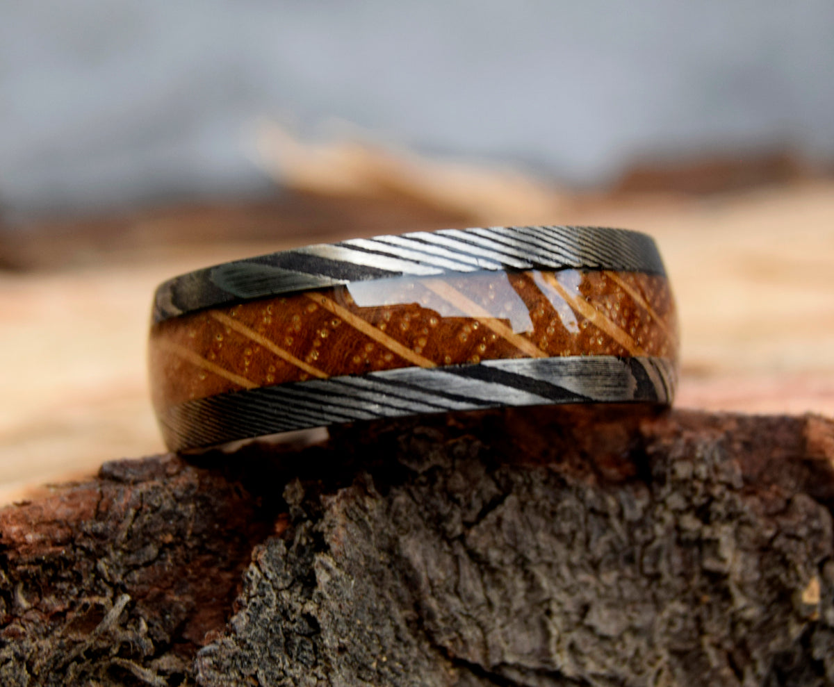 Whiskey Barrel Wood Inlay Damascus Steel Ring-Mens Damascus Steel Ring-The Great Arctic