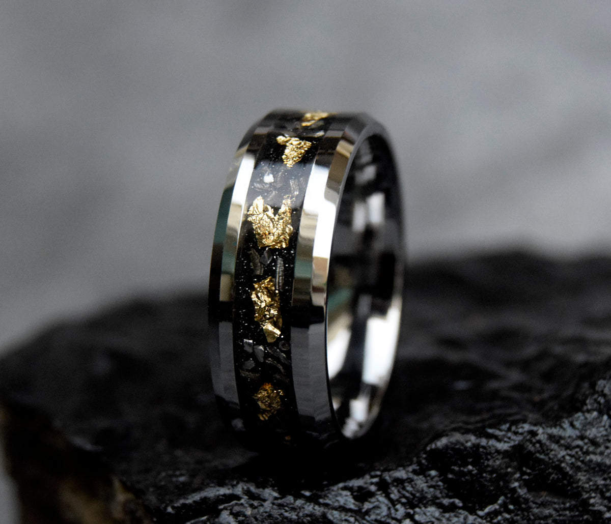 Sandstone Gold Leaf With Meteorite Silver Tungsten Ring-Mens Tungsten Carbide Ring-The Great Arctic