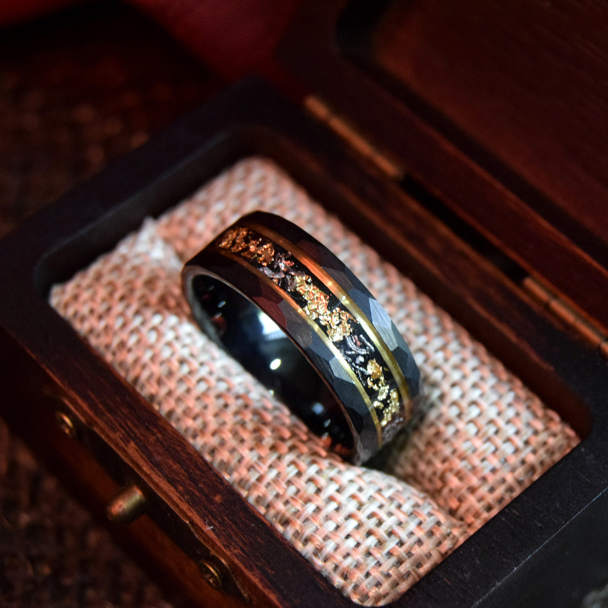 Sandstone Gold Leaf With Meteorite Hammered Finish Tungsten Ring-Mens Tungsten Carbide Ring-The Great Arctic
