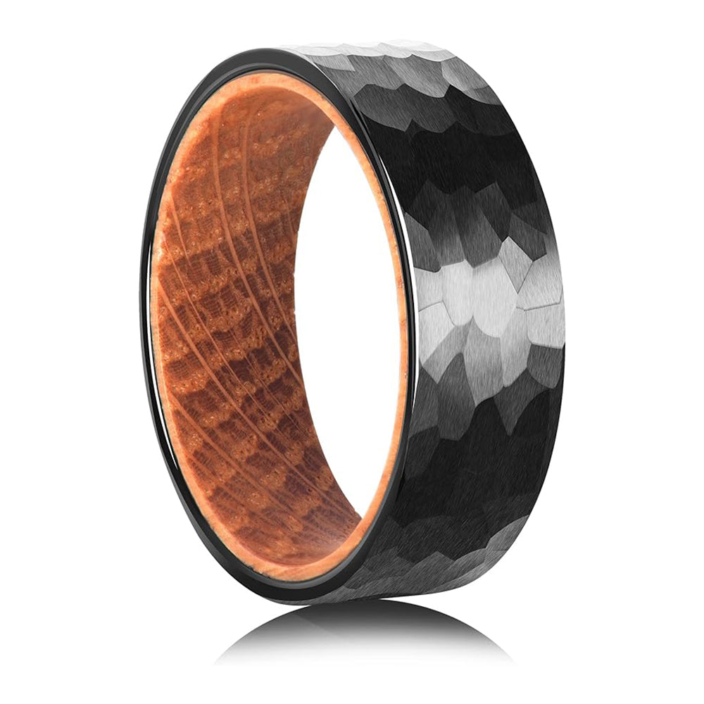 Whiskey Barrel Wood Inlaid Hammered Black Tungsten Ring-Mens Tungsten Carbide Ring-The Great Arctic