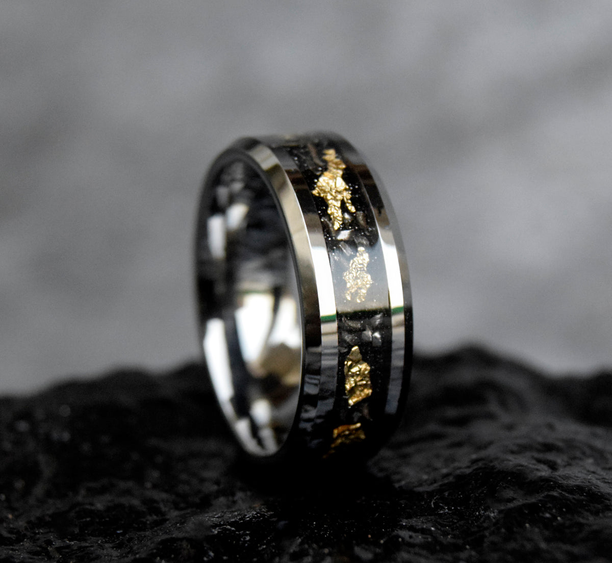 Sandstone Gold Leaf With Meteorite Silver Tungsten Ring-Mens Tungsten Carbide Ring-The Great Arctic