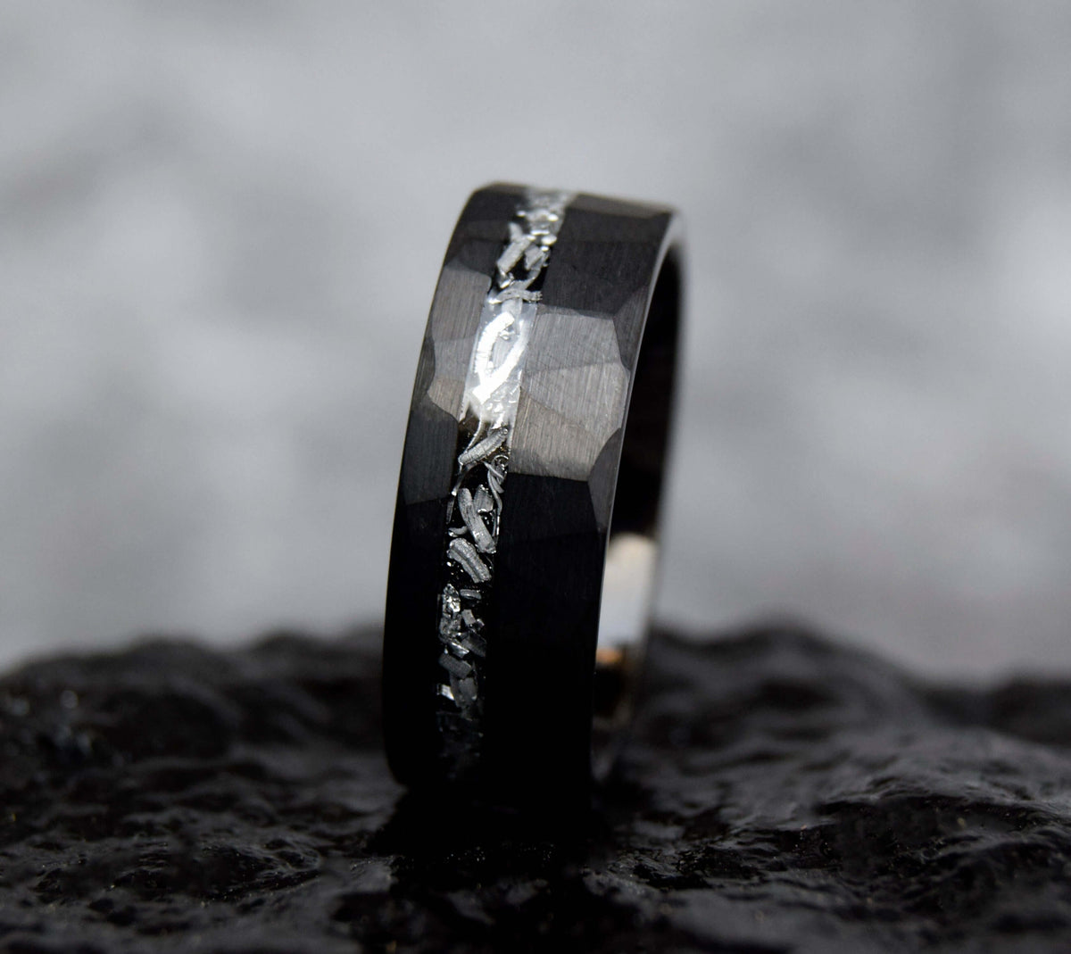Black Hammered Finished Meteorite Shaving Inlay Tungsten Ring-Mens Tungsten Carbide Ring-The Great Arctic