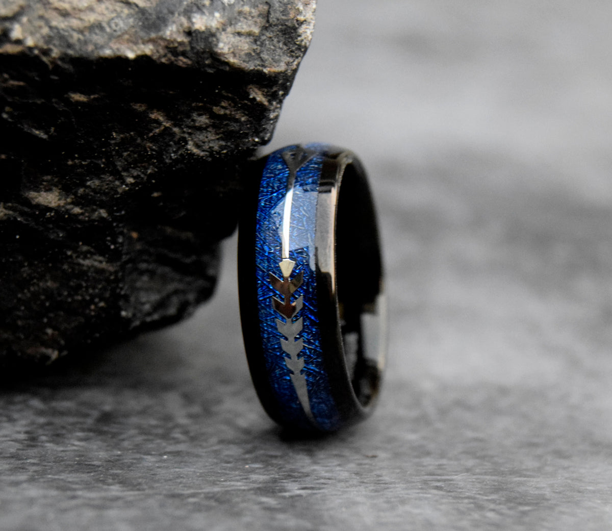 Blue Meteorite Arrow Inlay Tungsten Ring-Mens Tungsten Carbide Ring-The Great Arctic