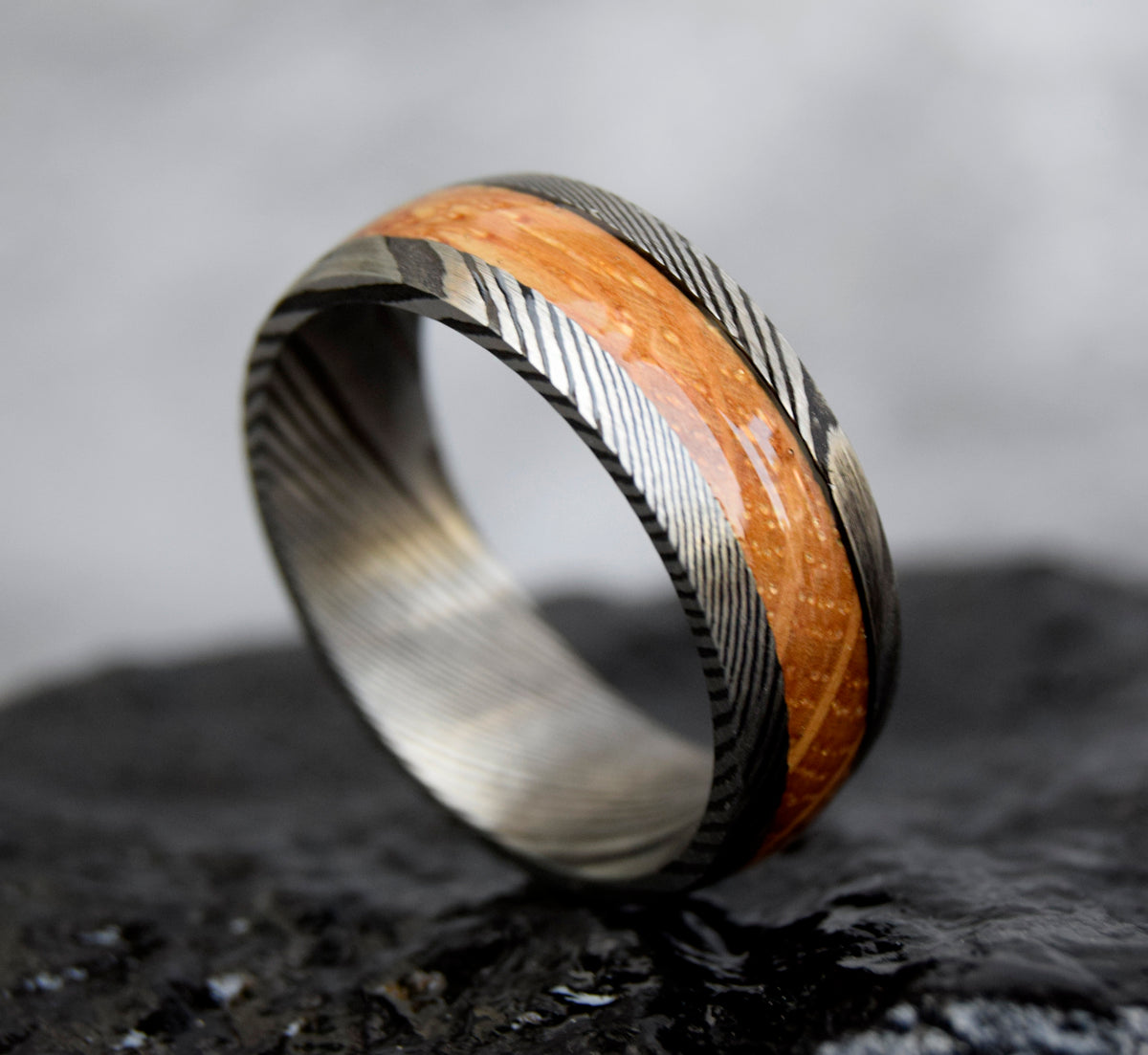 Whiskey Barrel Wood Inlay Damascus Steel Ring-Mens Damascus Steel Ring-The Great Arctic