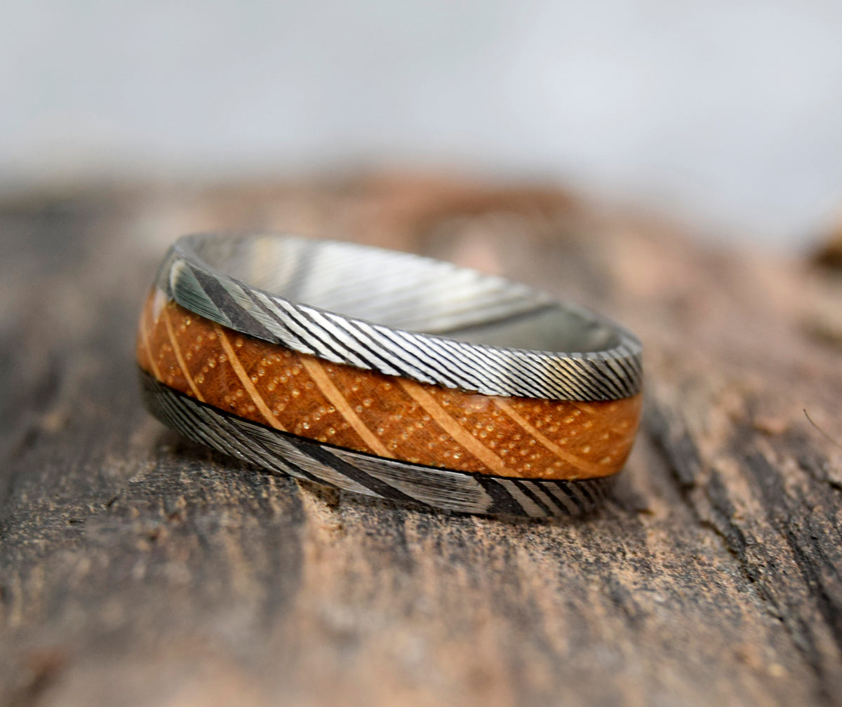 Whiskey Barrel Wood Inlay Damascus Steel Ring-Mens Damascus Steel Ring-The Great Arctic