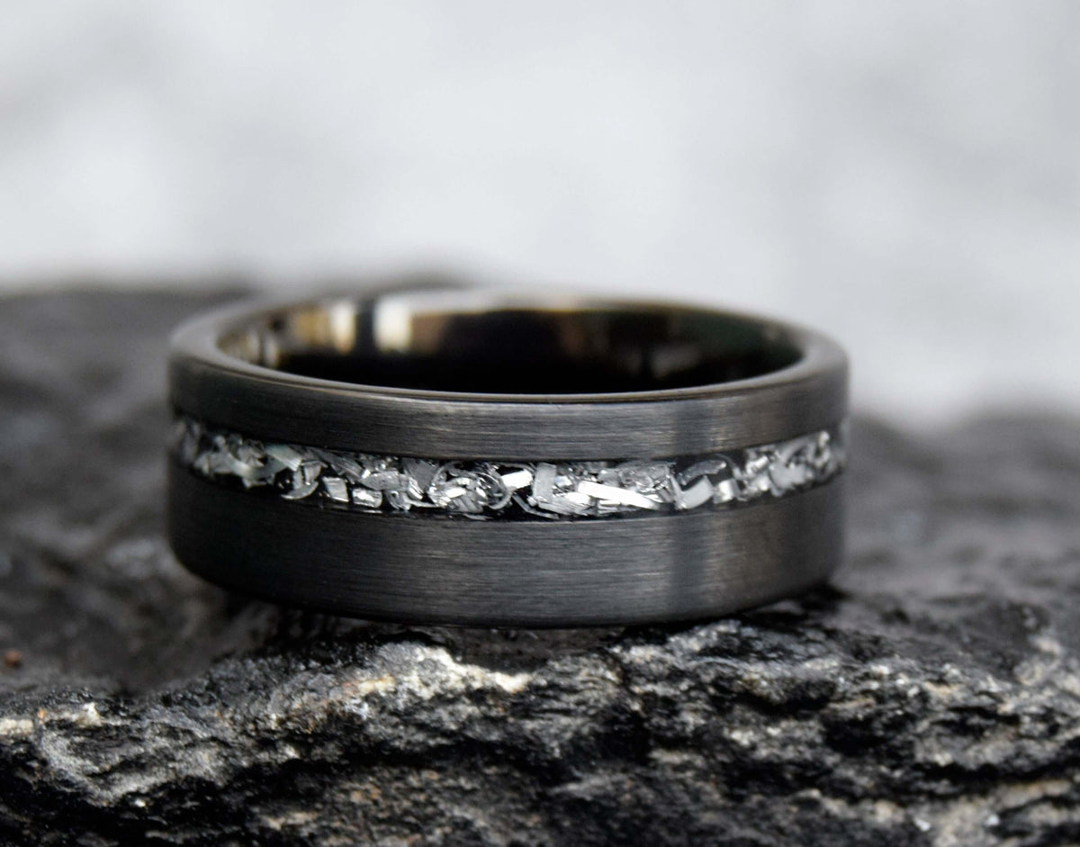 Classic Black Meteorite Shaving Inlay Tungsten Ring-Mens Tungsten Carbide Ring-The Great Arctic