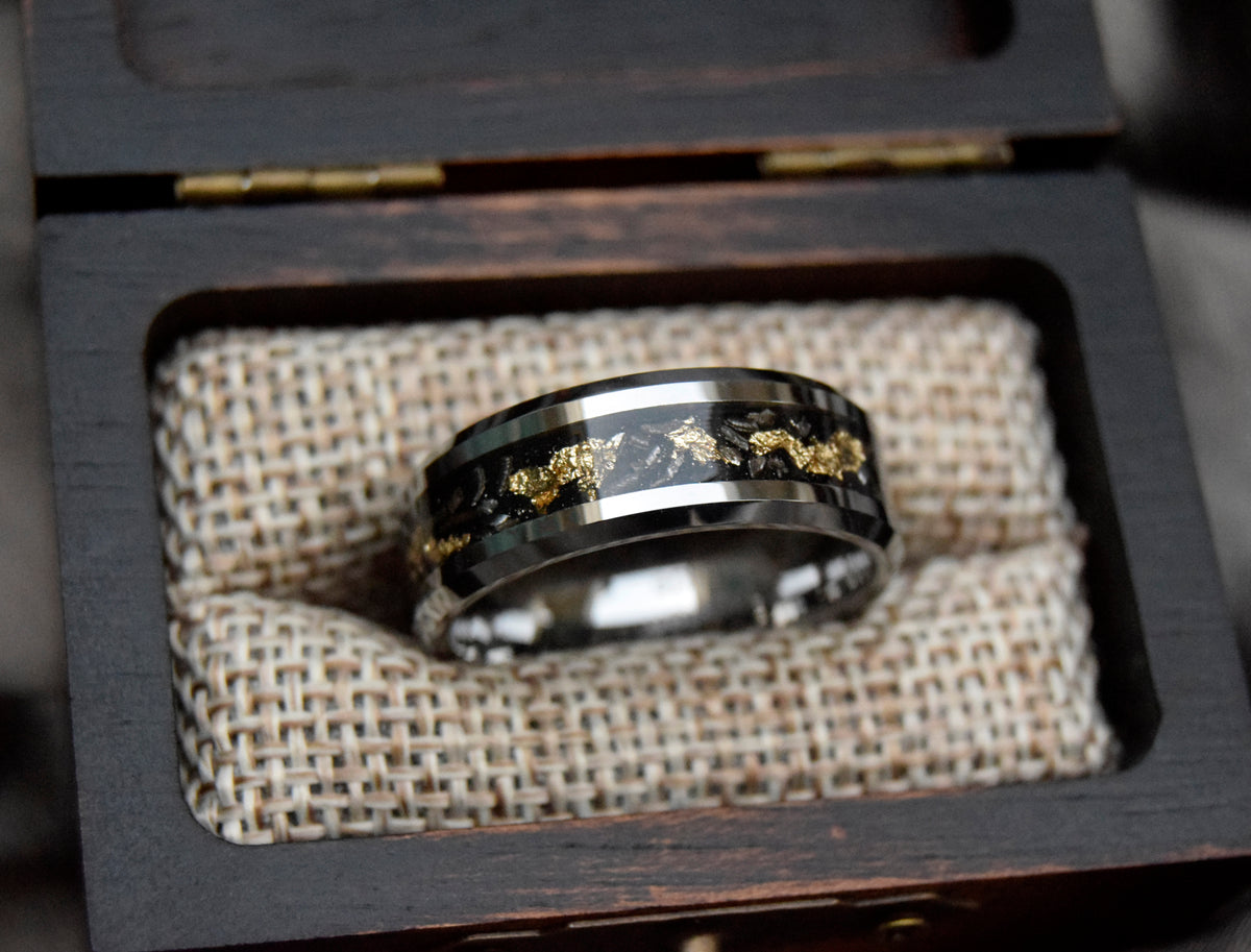 Sandstone Gold Leaf With Meteorite Silver Tungsten Ring-Mens Tungsten Carbide Ring-The Great Arctic