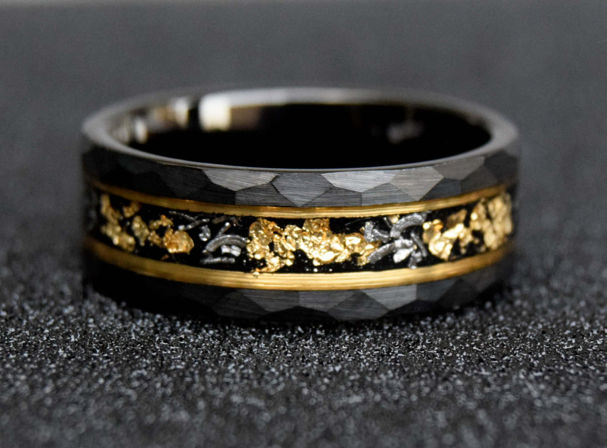 Crushed Meteorite & Gold Leaf flakes Tungsten Ring-Mens Tungsten Carbide Ring-The Great Arctic