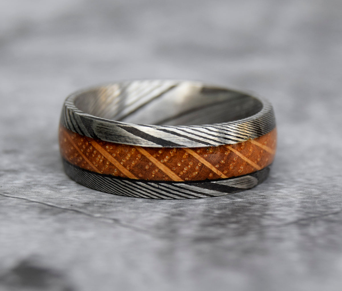 Whiskey Barrel Wood Inlay Damascus Steel Ring-Mens Damascus Steel Ring-The Great Arctic