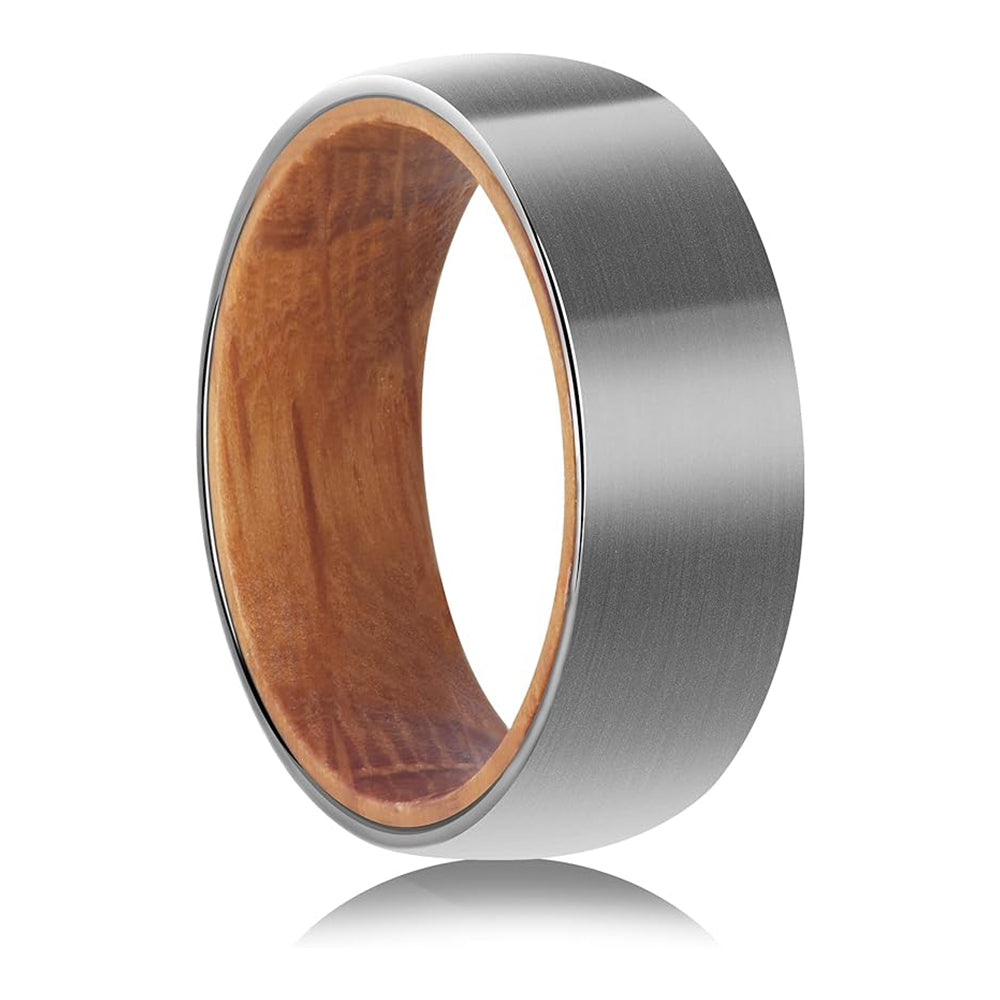 Whiskey Barrel Wood Inlaid Comfort Silver Tungsten Ring-Mens Tungsten Carbide Ring-The Great Arctic