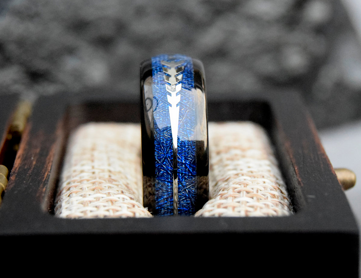 Blue Meteorite Arrow Inlay Tungsten Ring-Mens Tungsten Carbide Ring-The Great Arctic