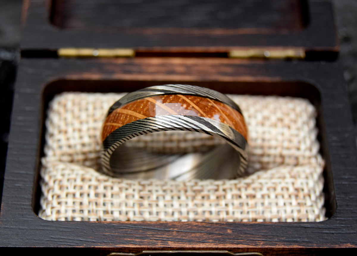 Whiskey Barrel Wood Inlay Damascus Steel Ring-Mens Damascus Steel Ring-The Great Arctic