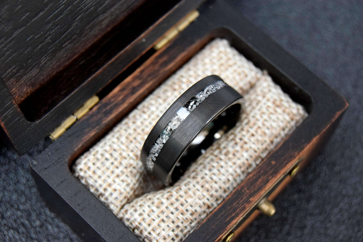 Classic Black Meteorite Shaving Inlay Tungsten Ring-Mens Tungsten Carbide Ring-The Great Arctic