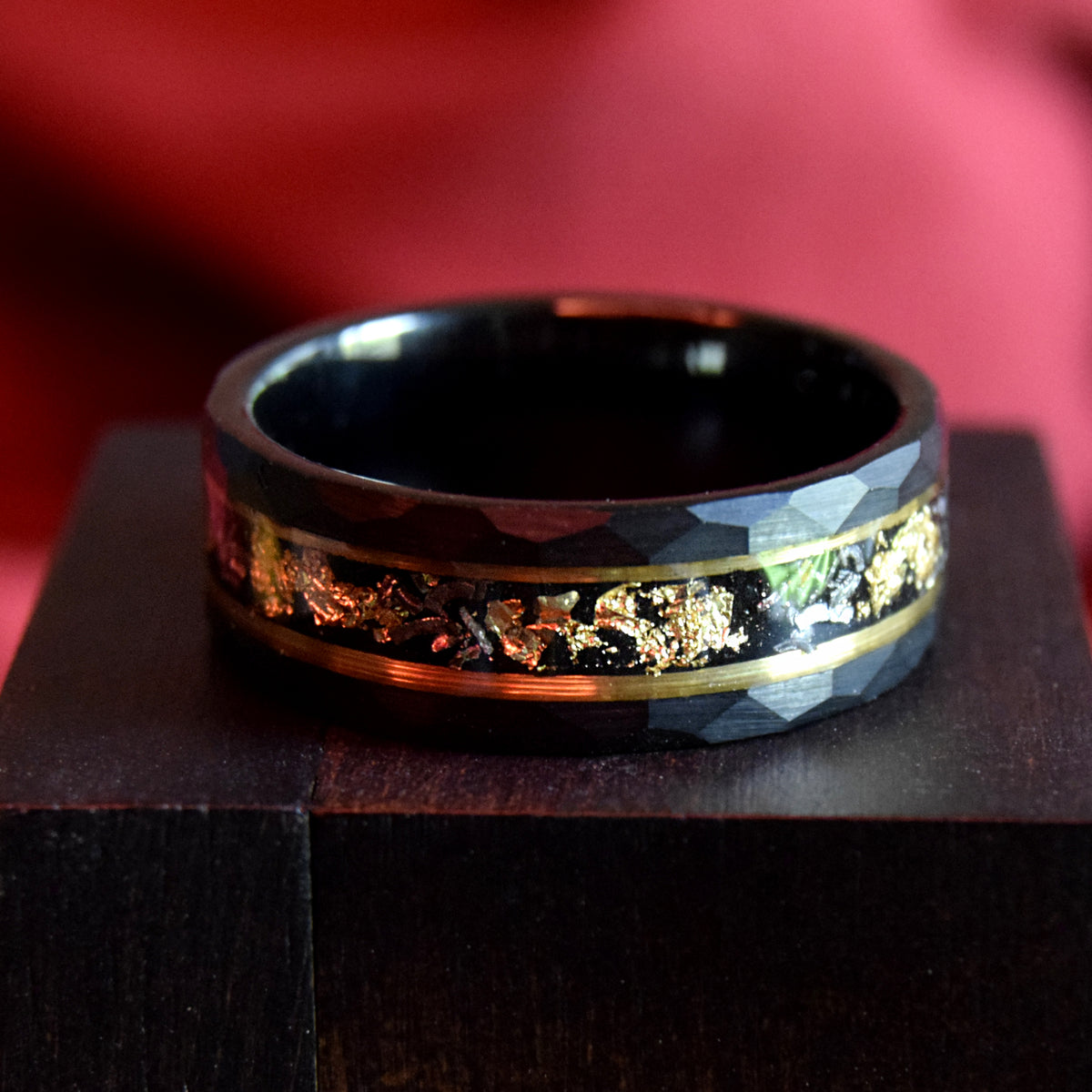 Sandstone Gold Leaf With Meteorite Hammered Finish Tungsten Ring-Mens Tungsten Carbide Ring-The Great Arctic
